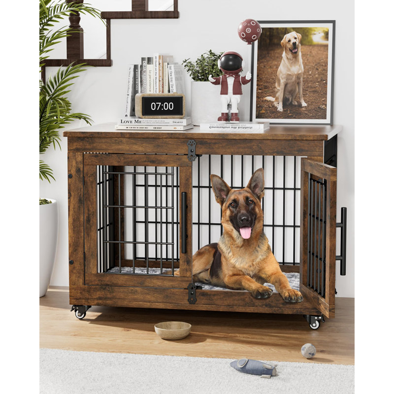 Tucker Murphy Pet Dyako Dog Crate Furniture Side End Table Mordern Kennel Wooden Heavy duty Dog Cage Dog House Indoor End Table Night Stand w Cushion and Wheels Double door 3mm 5mm dia Iron Fence Revi...